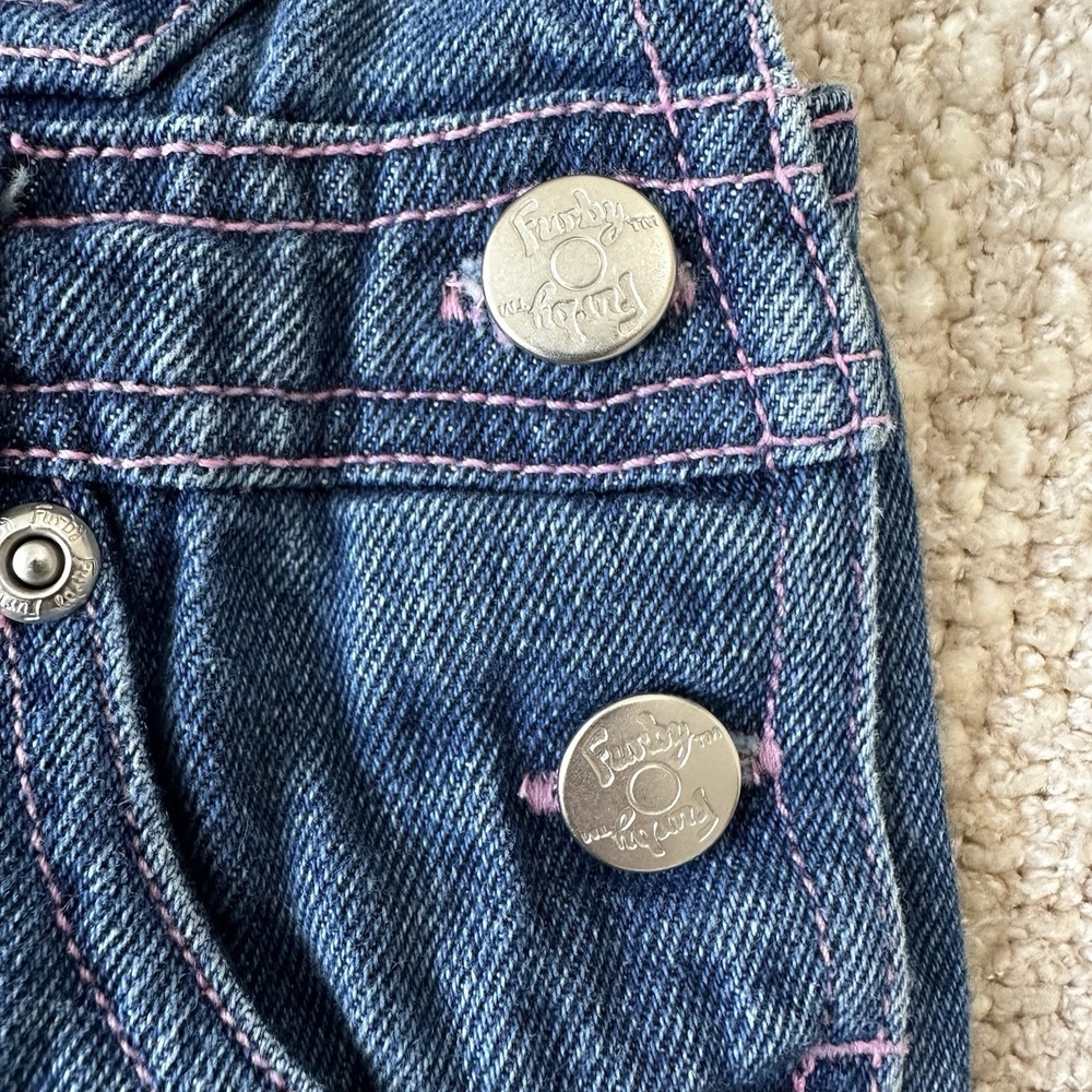 Vintage Furby Overalls Size 12 Months 90's Y2K Pink Denim Jeans Outfit Romper - Picture 3 of 14